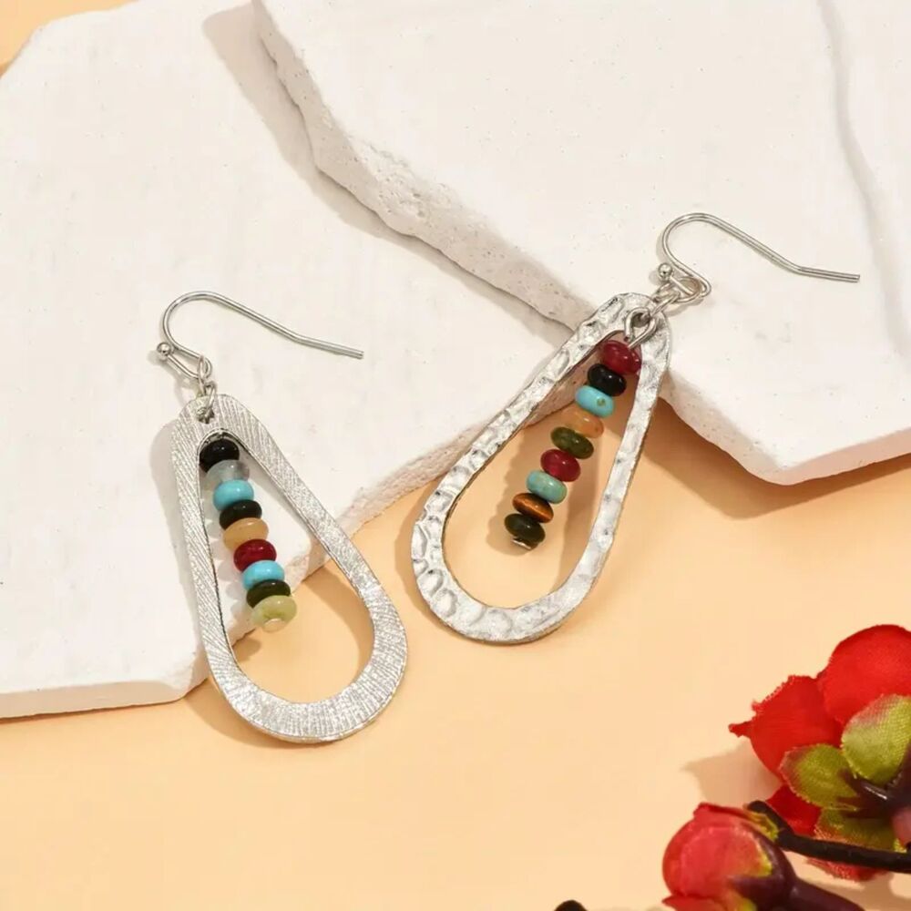 Hammered Silver Beaded Teardrop Dangle Earrings Colorful Pendant Drop Boho Jwlry